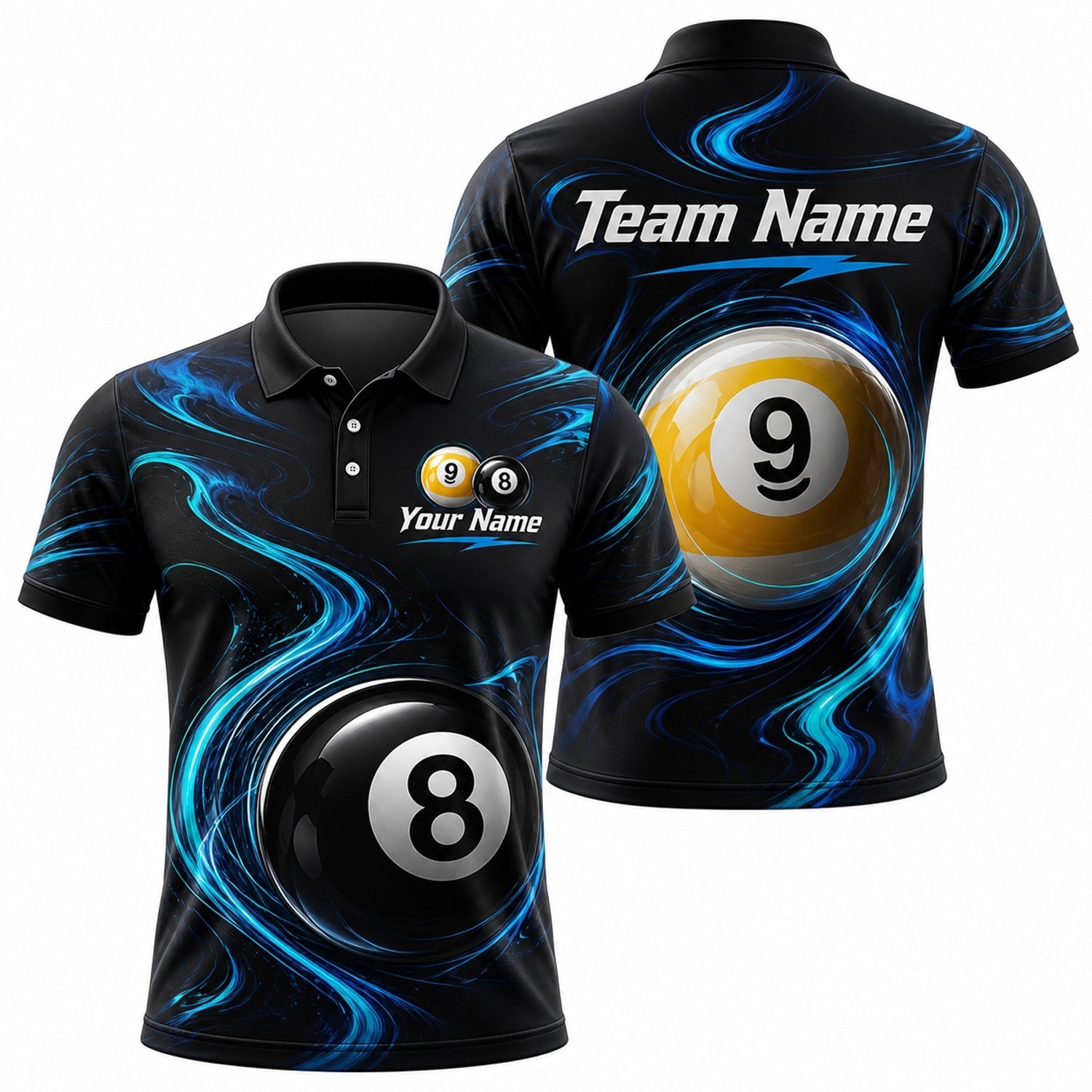 Blue Swirl 8 Ball Sport Personalized Billiard Polo Shirt