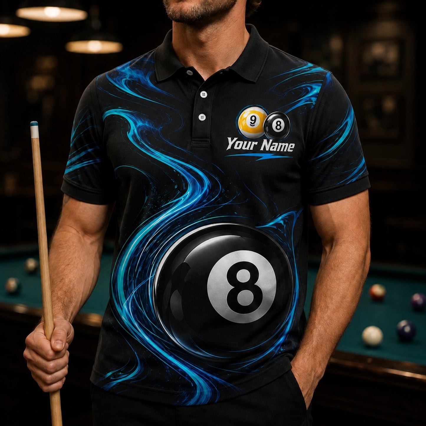 Blue Swirl 8 Ball Sport Personalized Billiard Polo Shirt Front View