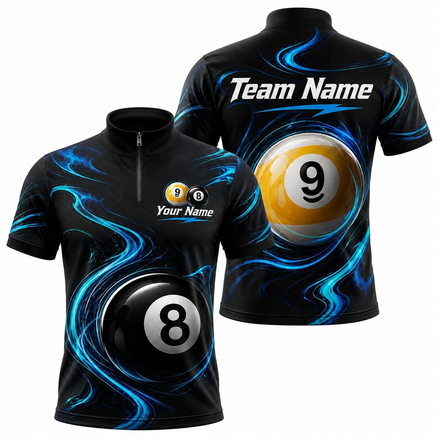 Blue Swirl 8 Ball Sport Personalized Billiard Polo Shirt Jersey Zip 1 4 Collar