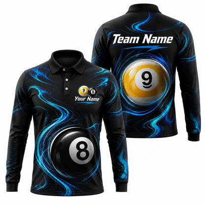 Blue Swirl 8 Ball Sport Personalized Billiard Polo Shirt Long Sleeve Polo