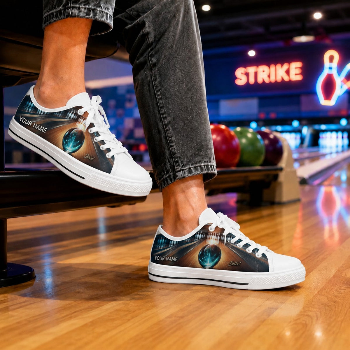 Bowling Ball And Lane Graphic Custom Low Top Shoes Bowling Life Style