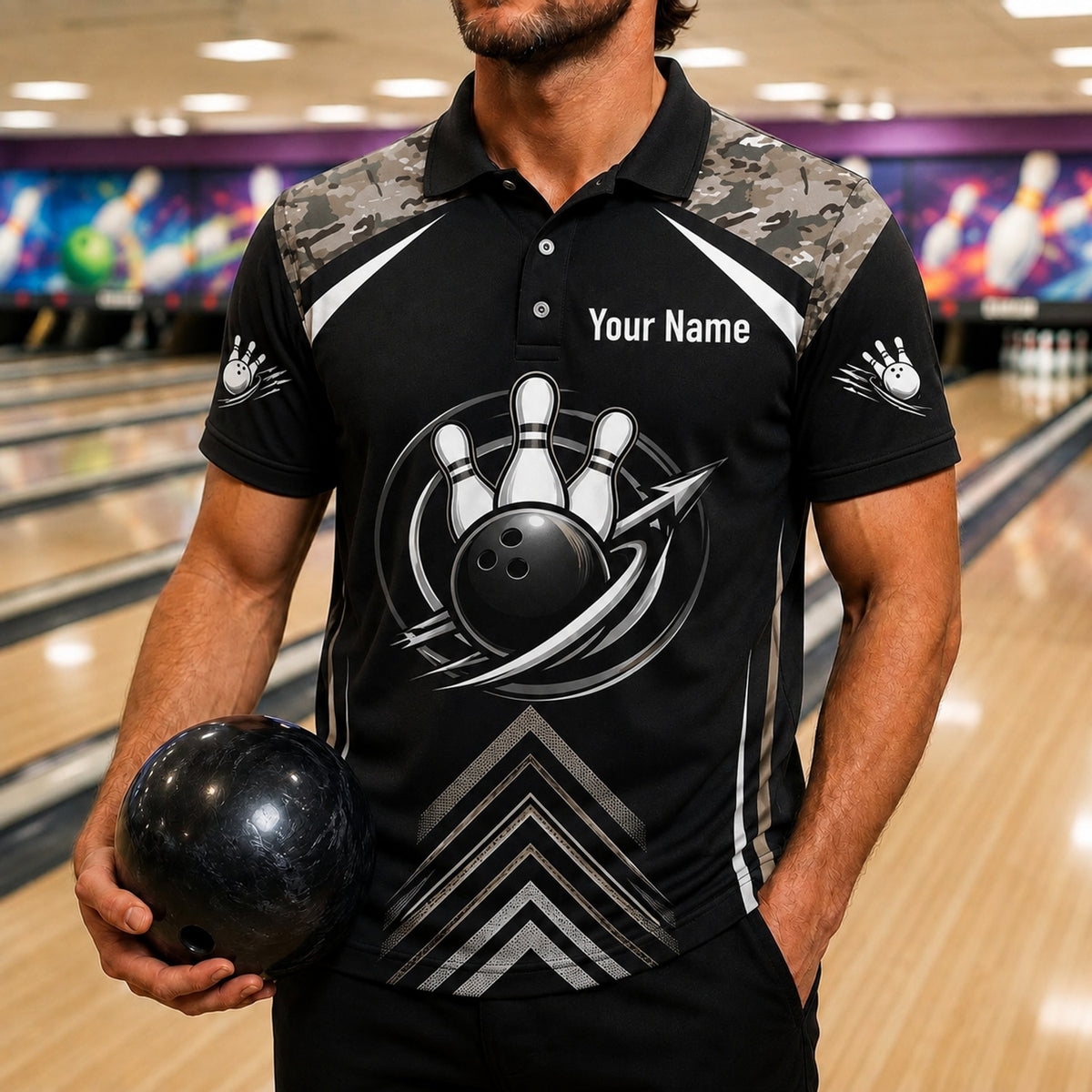 Bowling Ball And Pins Custom Bowling Polo Shirt Front View