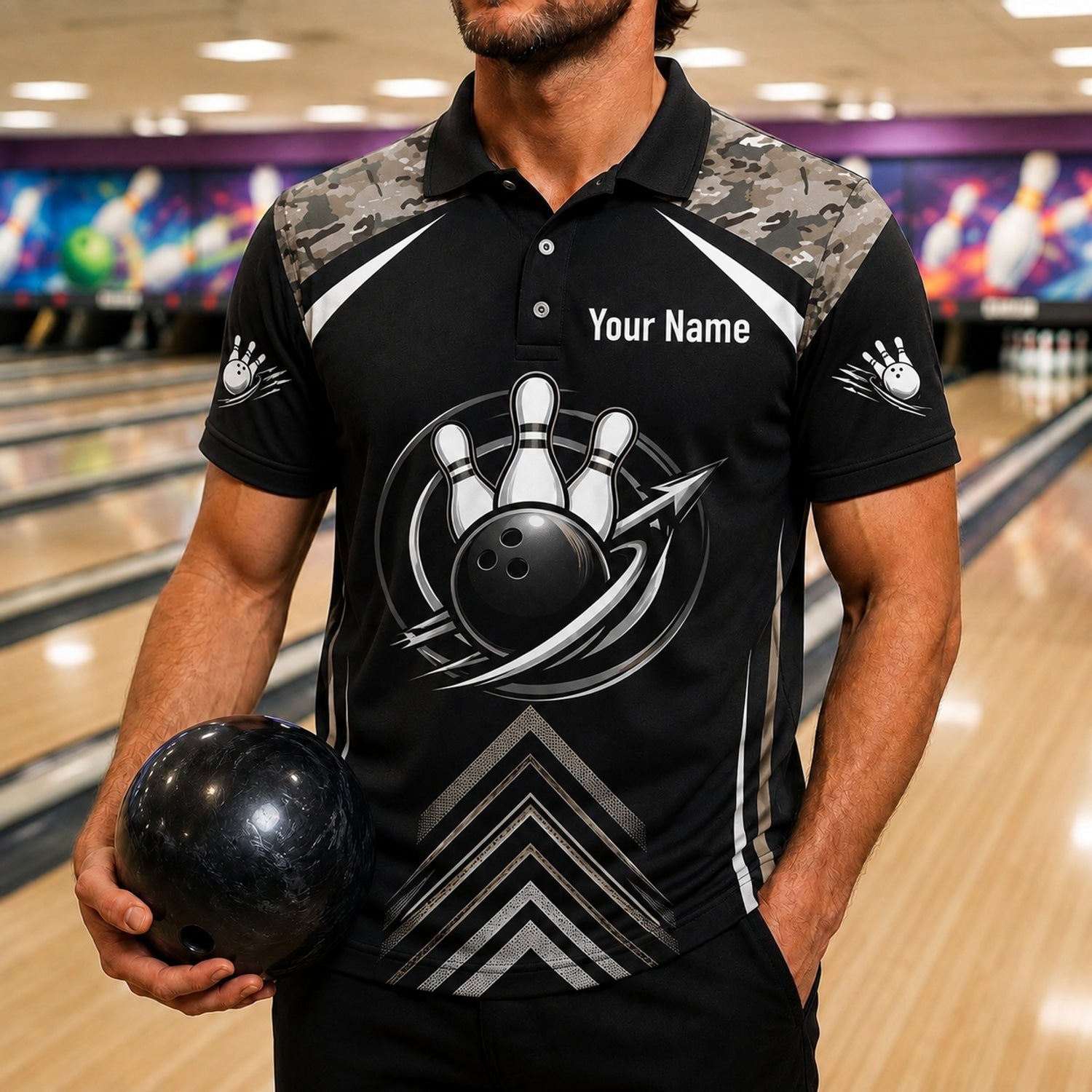Bowling Ball And Pins Custom Bowling Polo Shirt Front View
