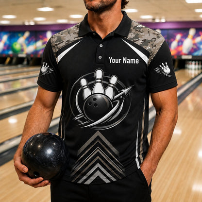 Bowling Ball And Pins Custom Bowling Polo Shirt Front View
