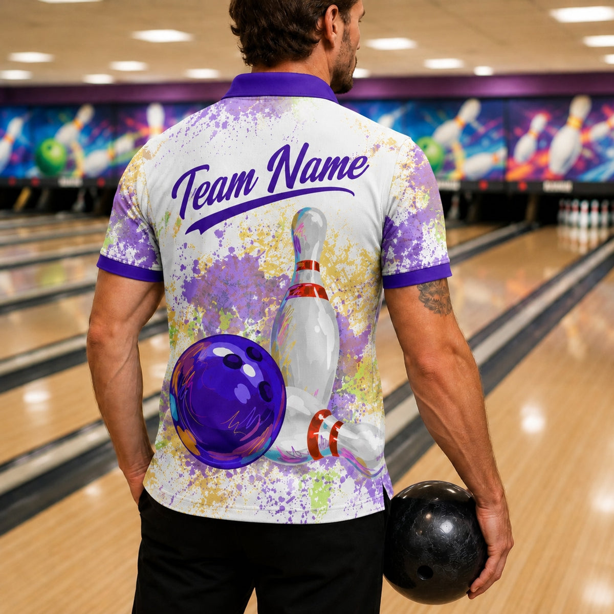 Bowling Ball And Pins Graphic Custom Bowling Polo Shirt Back View