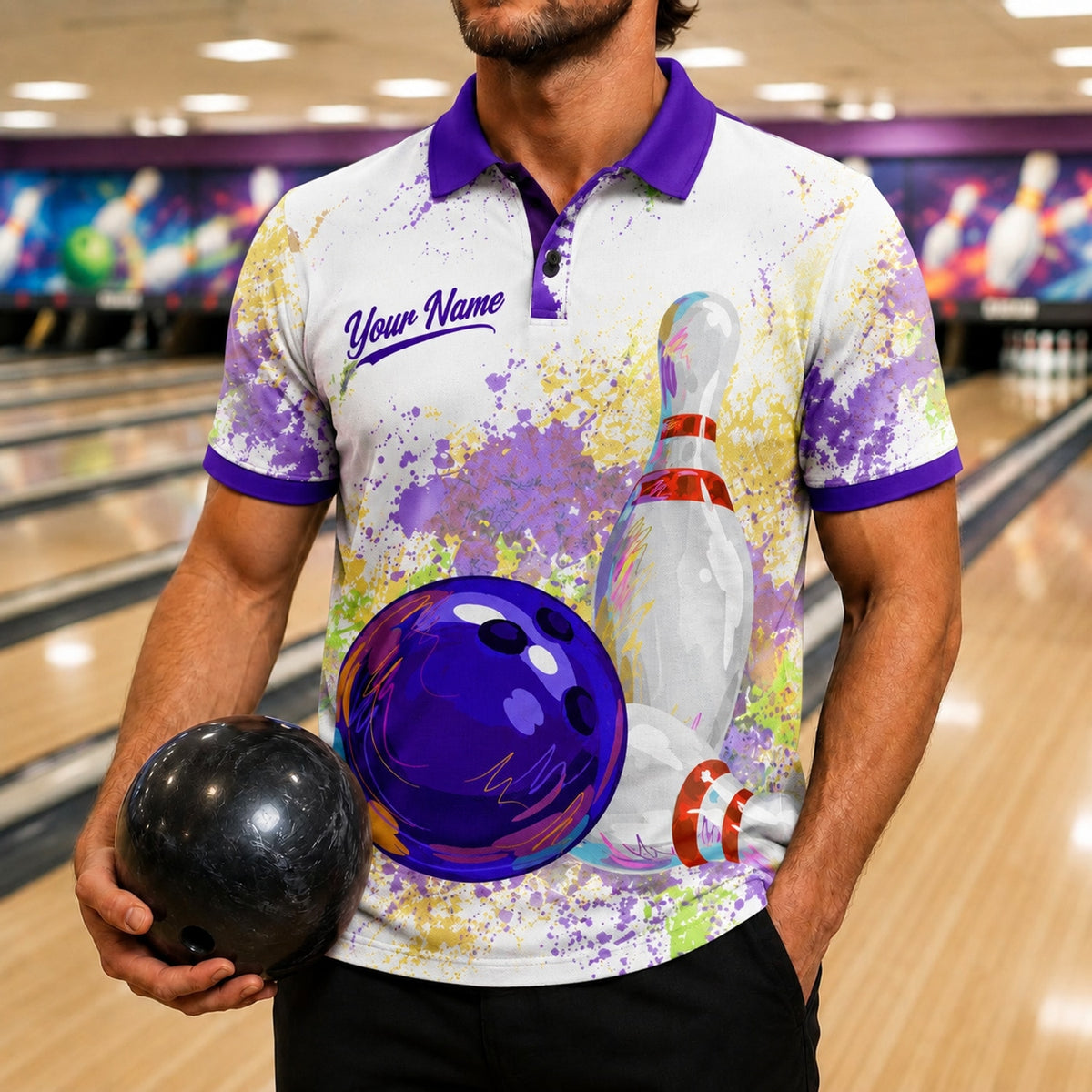Bowling Ball And Pins Graphic Custom Bowling Polo Shirt Front View