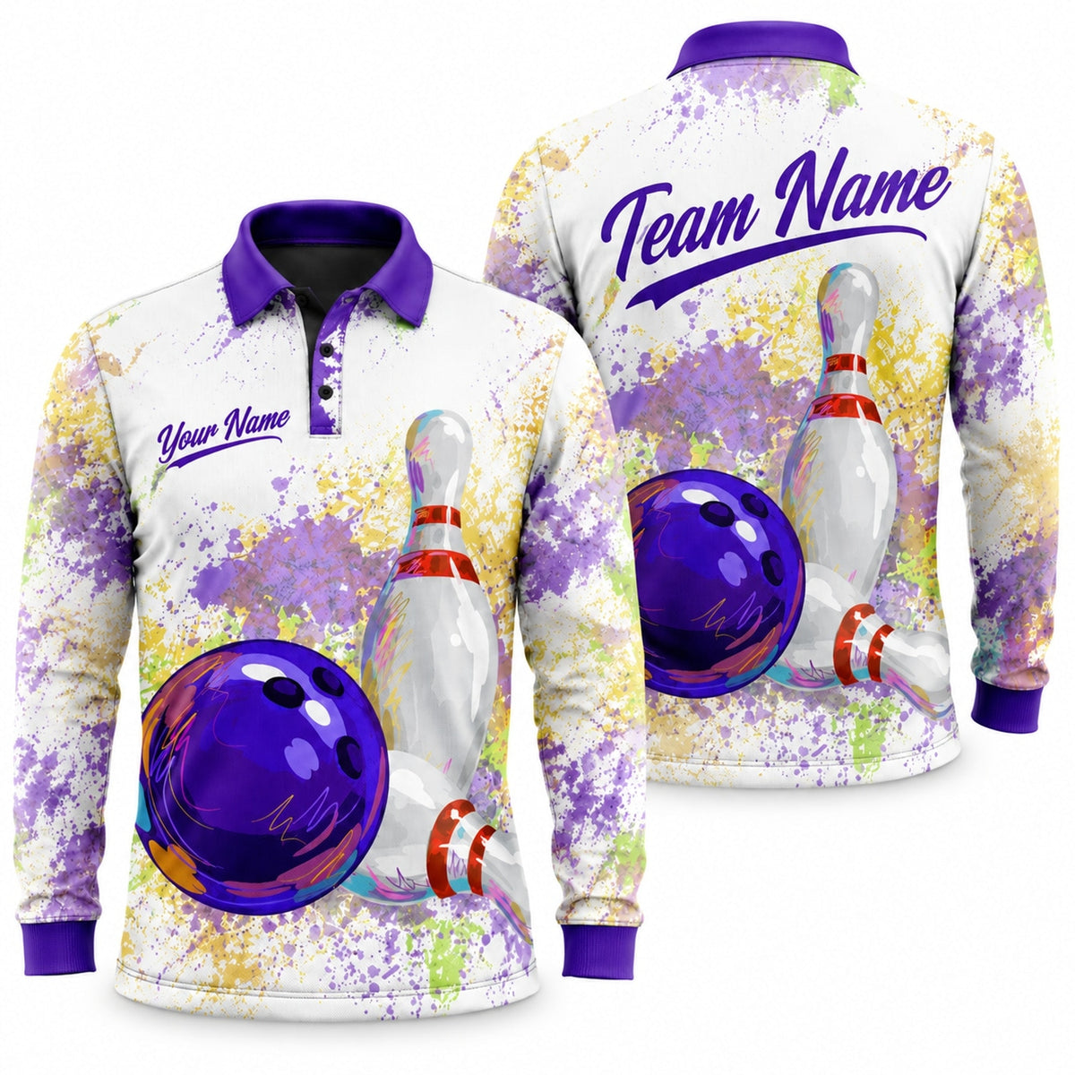 Bowling Ball And Pins Graphic Custom Bowling Polo Shirt Long Sleeve Polo