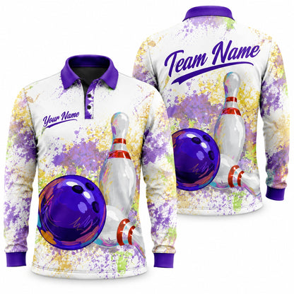 Bowling Ball And Pins Graphic Custom Bowling Polo Shirt Long Sleeve Polo