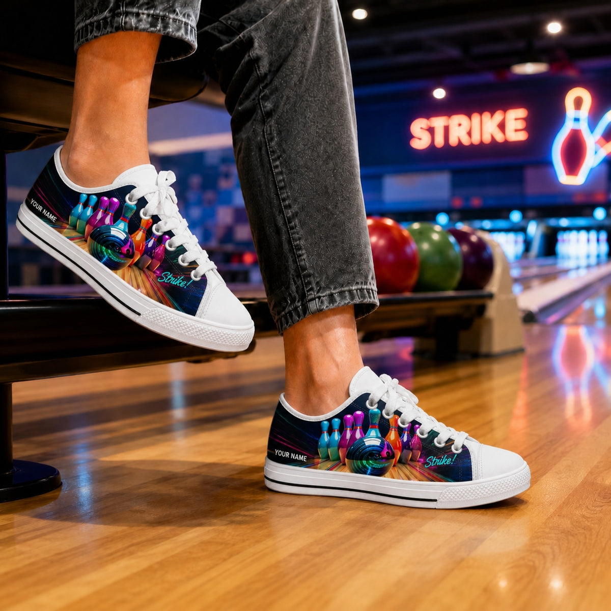Bowling Ball And Pins Graphic Custom Low Top Shoes Bowling Life Style