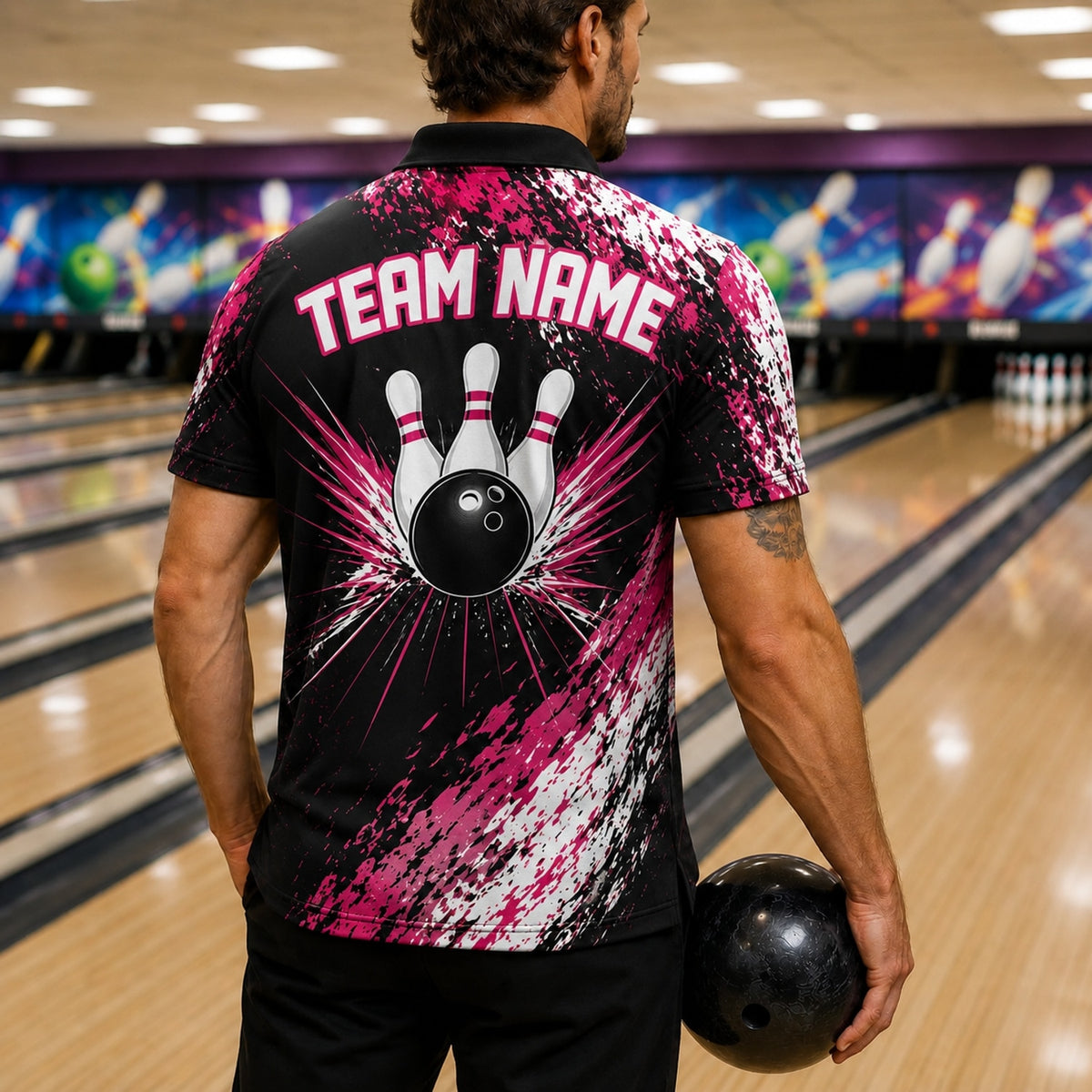 Bowling Ball And Pins Graphic Personalized Bowling Polo Shirt Back View