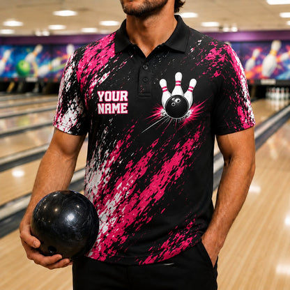 Bowling Ball And Pins Graphic Personalized Bowling Polo Shirt Front View