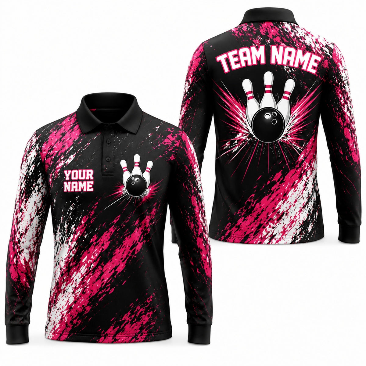 Bowling Ball And Pins Graphic Personalized Bowling Polo Shirt Long Sleeve Polo