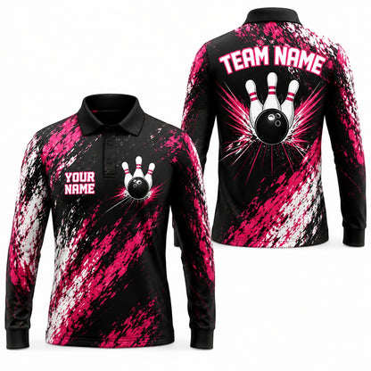 Bowling Ball And Pins Graphic Personalized Bowling Polo Shirt Long Sleeve Polo
