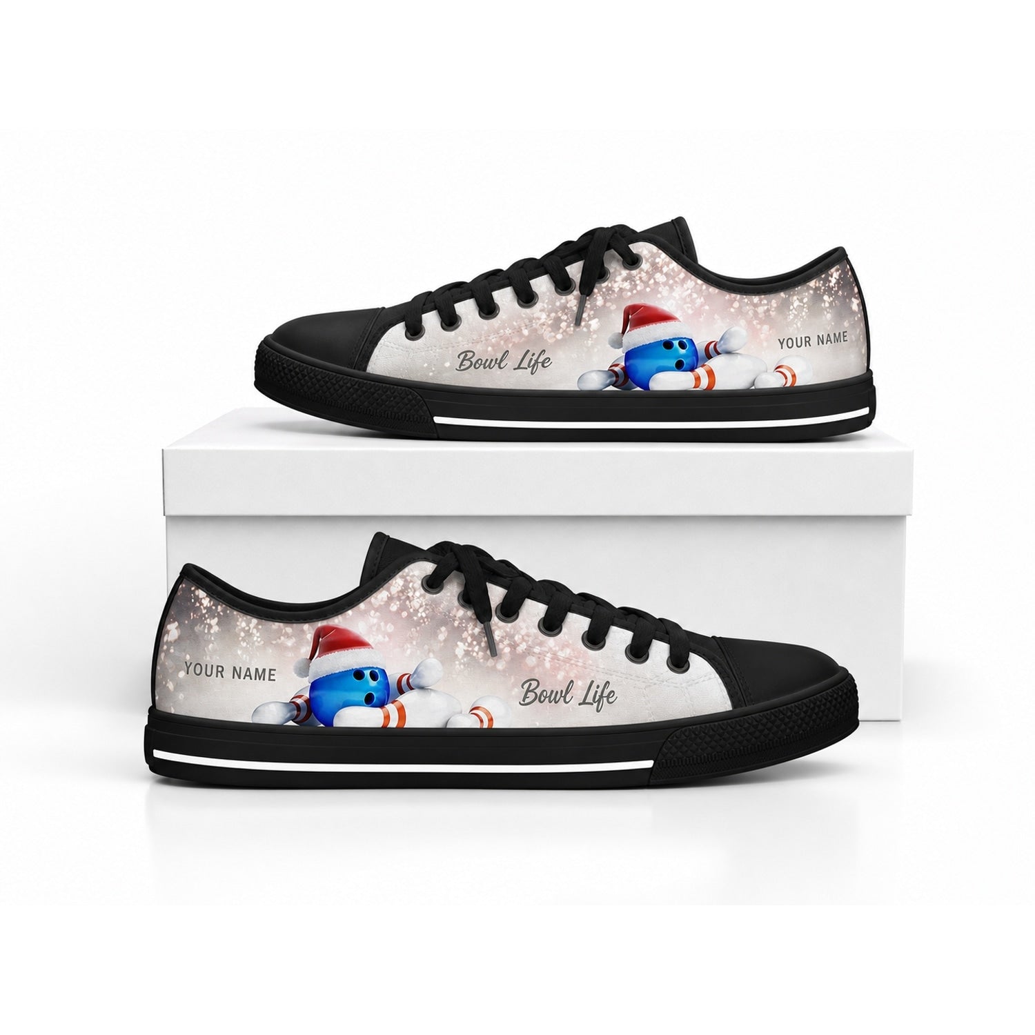 Bowling Ball And Pins Graphic Personalized Low Top Shoes Box Black