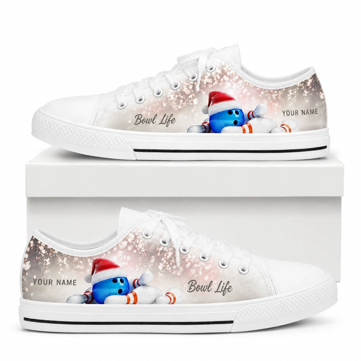 Bowling Ball And Pins Graphic Personalized Low Top Shoes Box White
