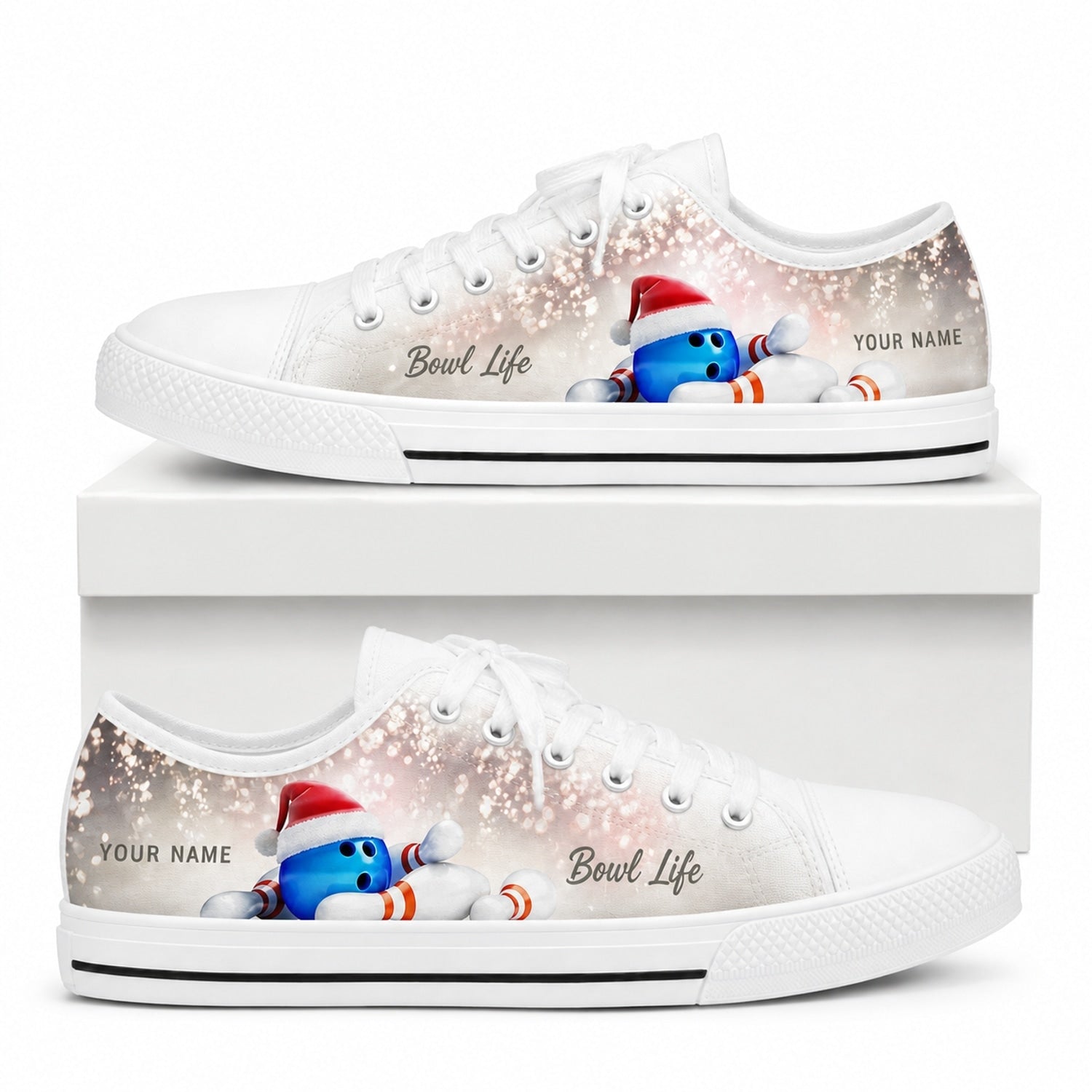 Bowling Ball And Pins Graphic Personalized Low Top Shoes Box White
