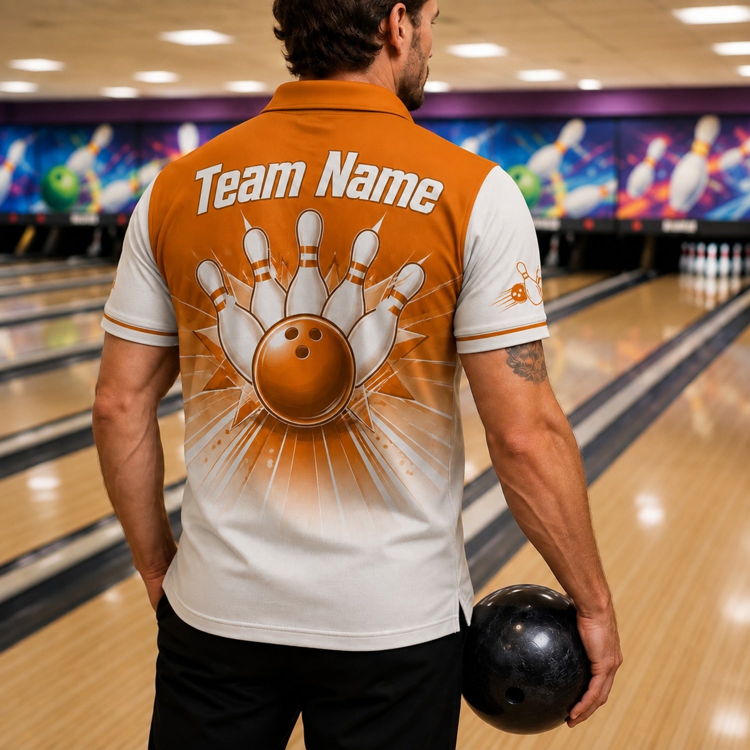 Bowling Ball And Pins Modern Custom Bowling Polo Shirt Back View
