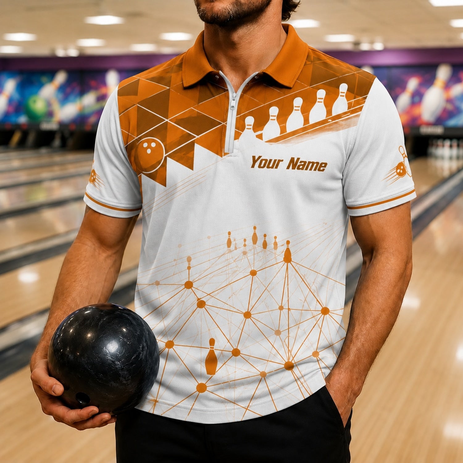 Bowling Ball And Pins Modern Custom Bowling Polo Shirt Front View