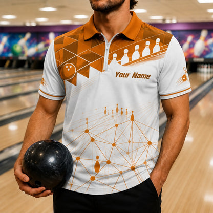 Bowling Ball And Pins Modern Custom Bowling Polo Shirt Front View
