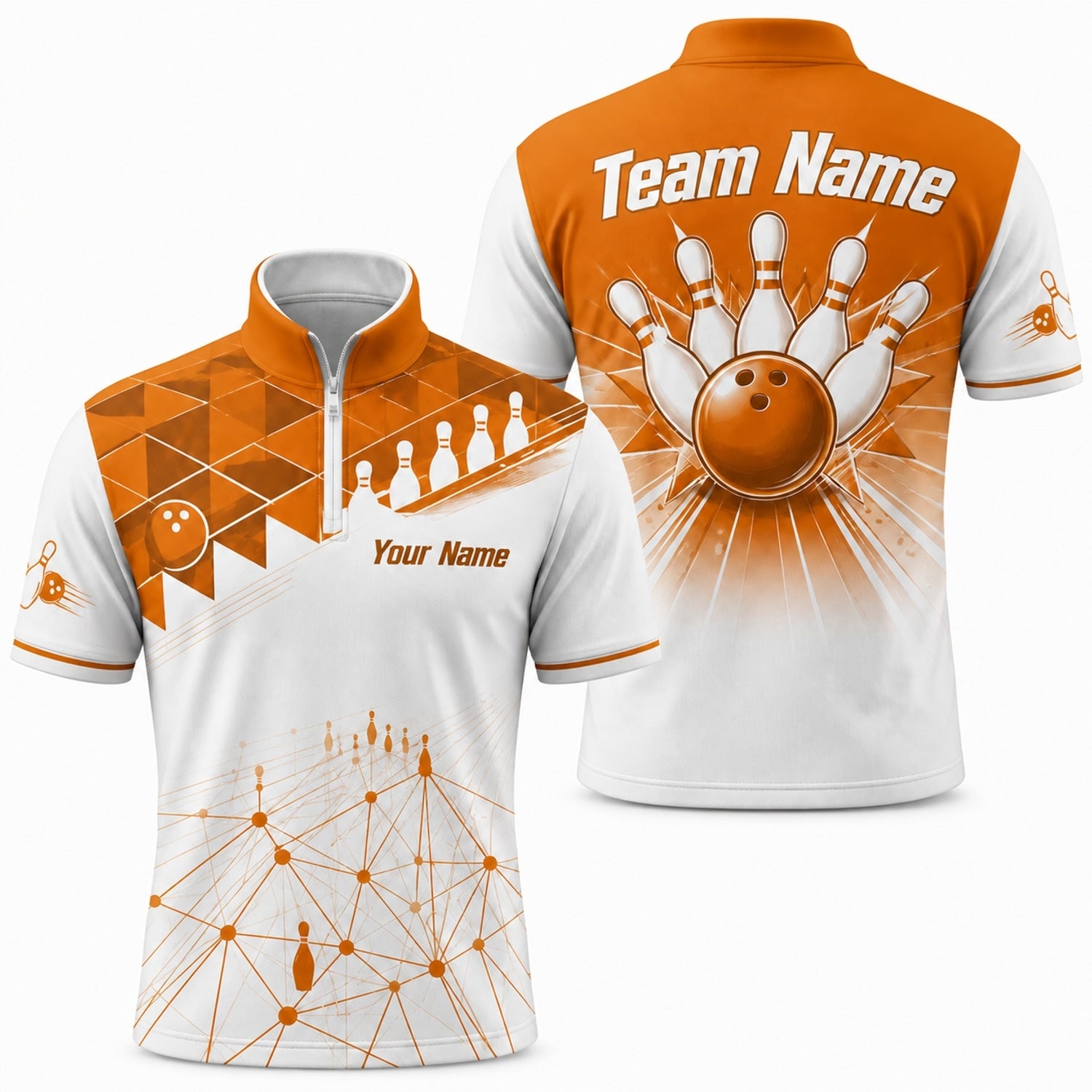 Bowling Ball And Pins Modern Custom Bowling Polo Shirt Jersey Zip 1 4 Collar