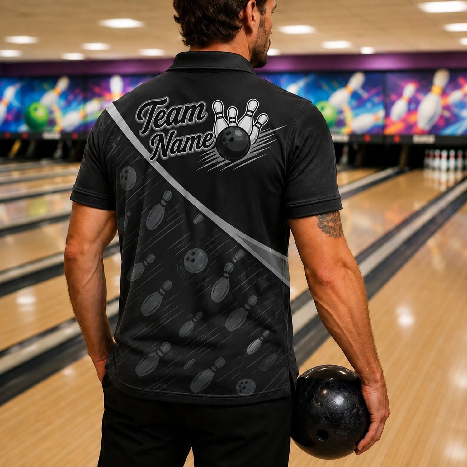 Bowling Ball And Pins Personalized Bowling Polo Shirt Back View