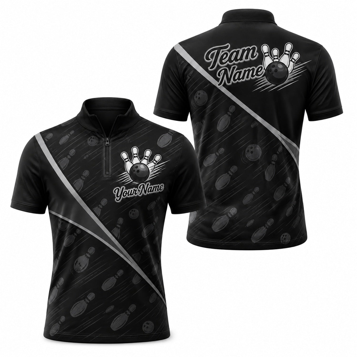 Bowling Ball And Pins Personalized Bowling Polo Shirt Jersey Zip 1 4 Collar