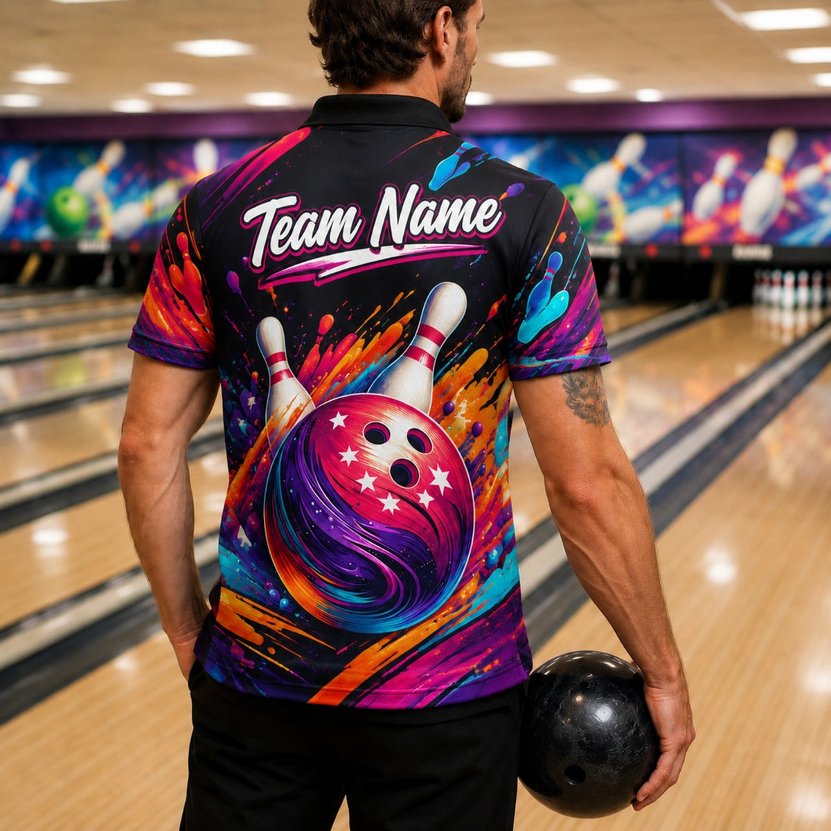 Bowling Ball And Pins Splash Personalized Bowling Polo Shirt Back View
