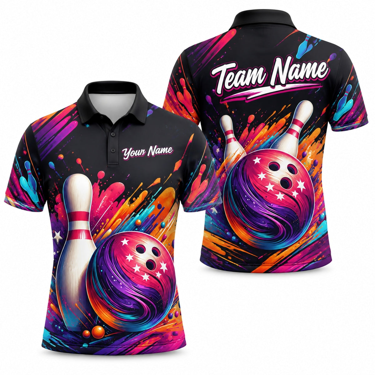 Bowling Ball And Pins Splash Personalized Bowling Polo Shirt