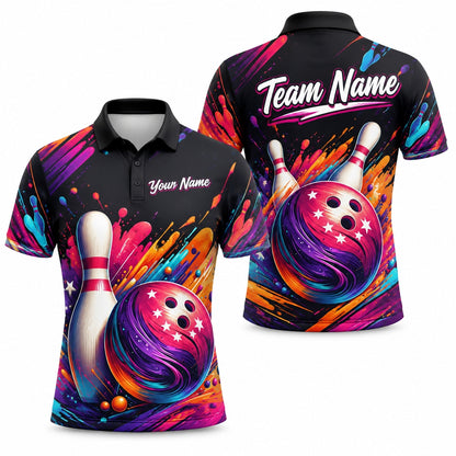 Bowling Ball And Pins Splash Personalized Bowling Polo Shirt