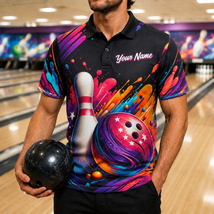 Bowling Ball And Pins Splash Personalized Bowling Polo Shirt Front View