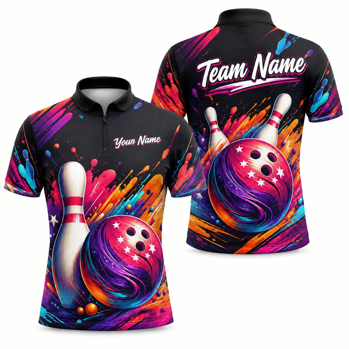 Bowling Ball And Pins Splash Personalized Bowling Polo Shirt Jersey Zip 1 4 Collar