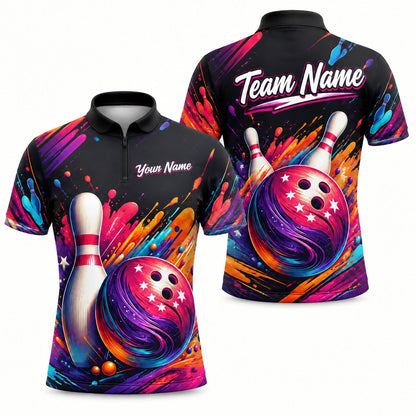 Bowling Ball And Pins Splash Personalized Bowling Polo Shirt Jersey Zip 1 4 Collar