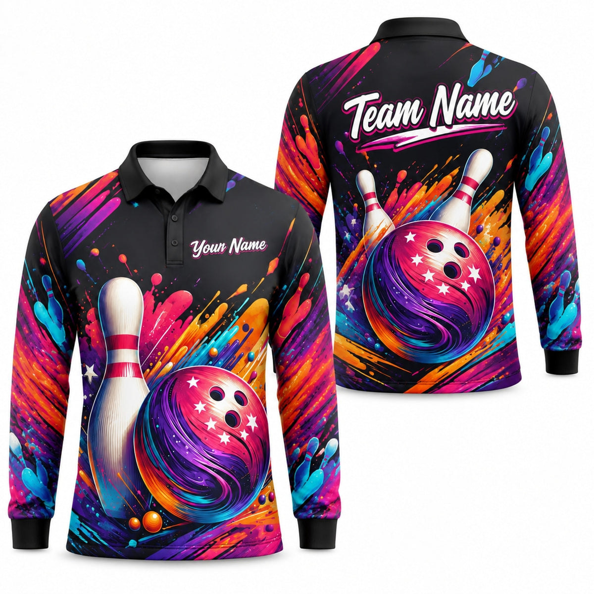 Bowling Ball And Pins Splash Personalized Bowling Polo Shirt Long Sleeve Polo