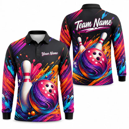 Bowling Ball And Pins Splash Personalized Bowling Polo Shirt Long Sleeve Polo
