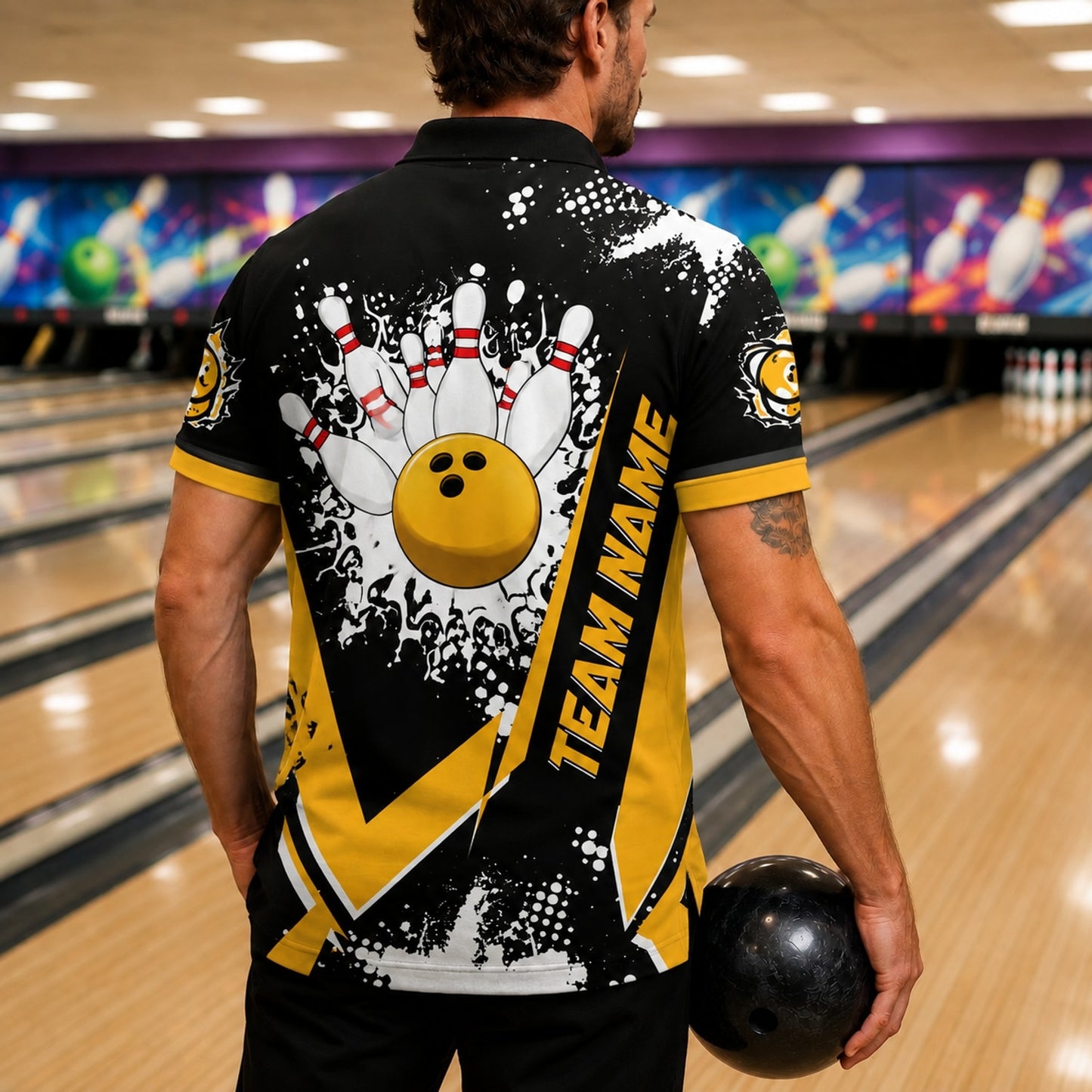 Bowling Ball And Pins Sport Custom Bowling Polo Shirt Back View