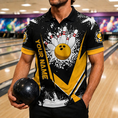 Bowling Ball And Pins Sport Custom Bowling Polo Shirt Front View