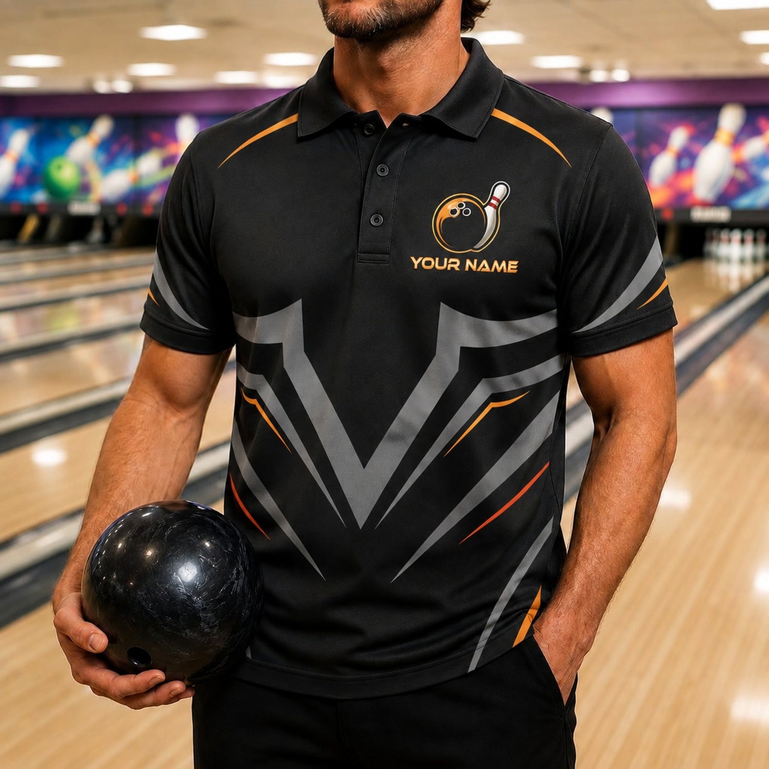 Bowling Ball And Pins Sport Personalized Bowling Polo Shirt Front View