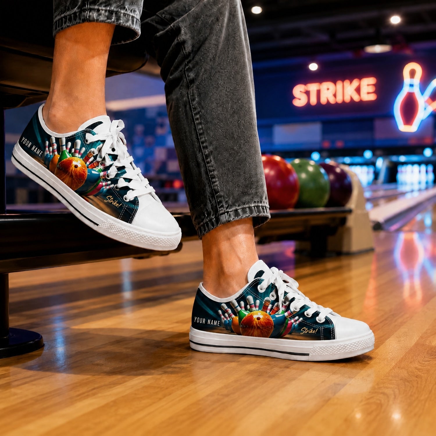 Bowling Ball And Pins Strike Graphic Personalized Low Top Shoes Bowling Life Style