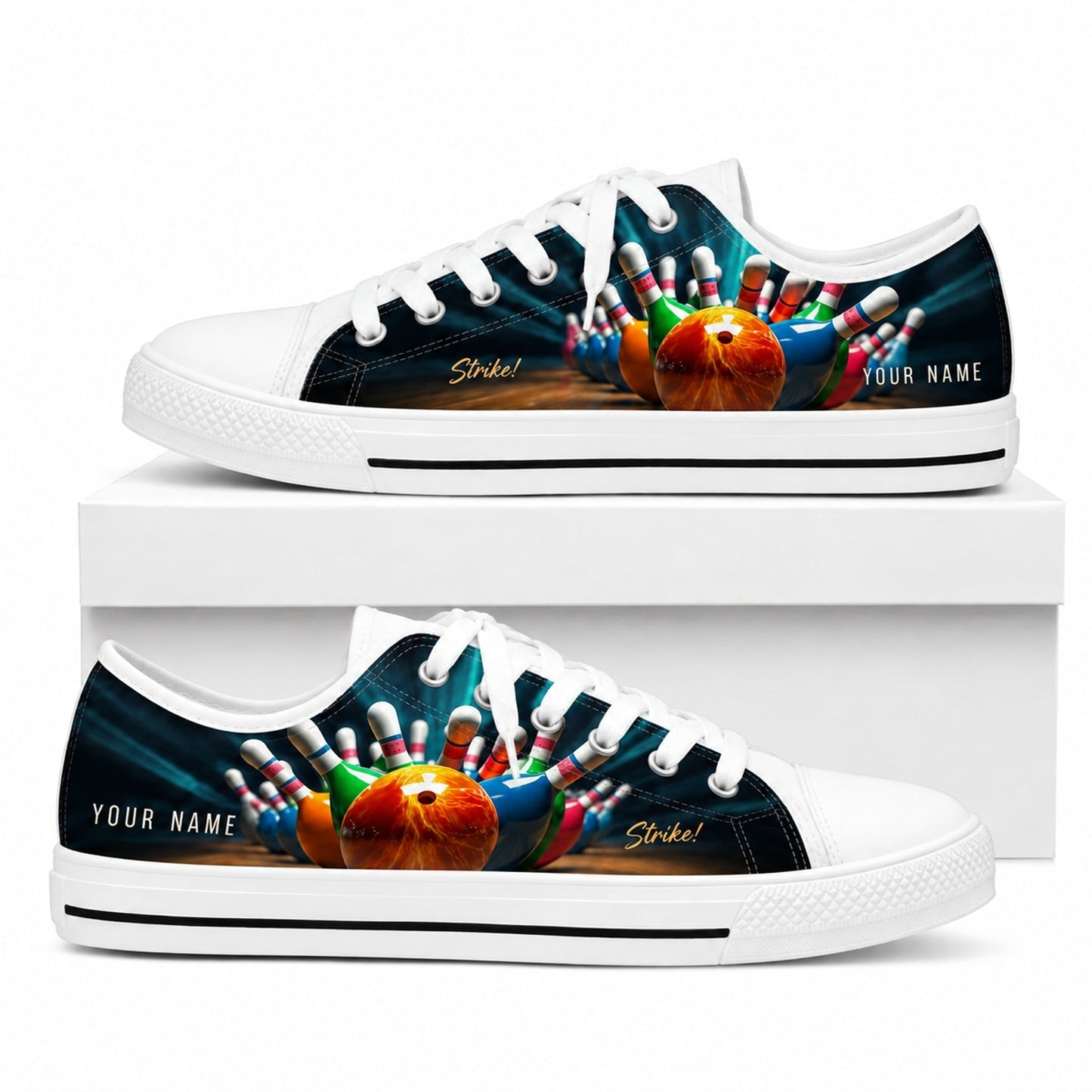 Bowling Ball And Pins Strike Graphic Personalized Low Top Shoes Box White