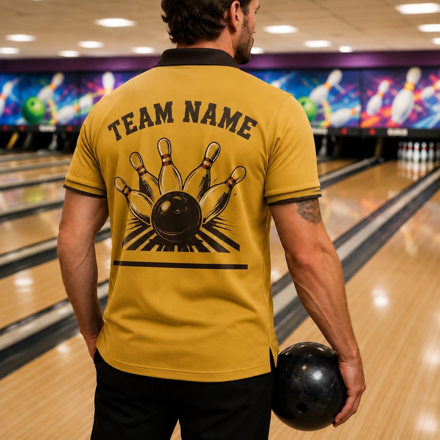 Bowling Ball And Pins Vintage Personalized Bowling Polo Shirt Back View