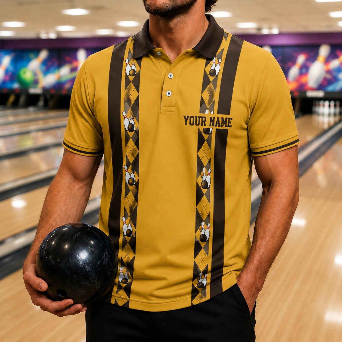 Bowling Ball And Pins Vintage Personalized Bowling Polo Shirt Front View
