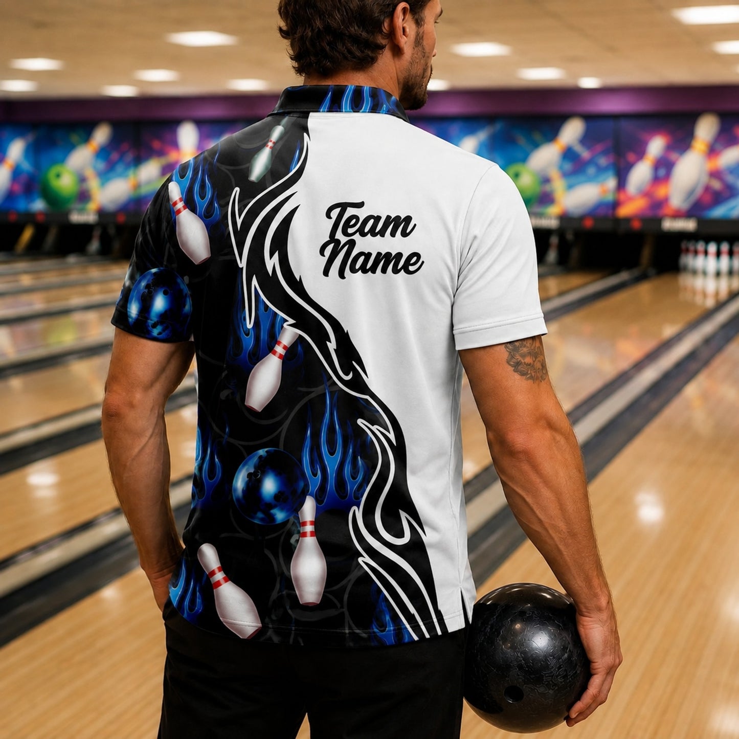Bowling Ball Blue Flames Sport Custom Bowling Polo Shirt Back View