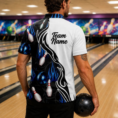 Bowling Ball Blue Flames Sport Custom Bowling Polo Shirt Back View