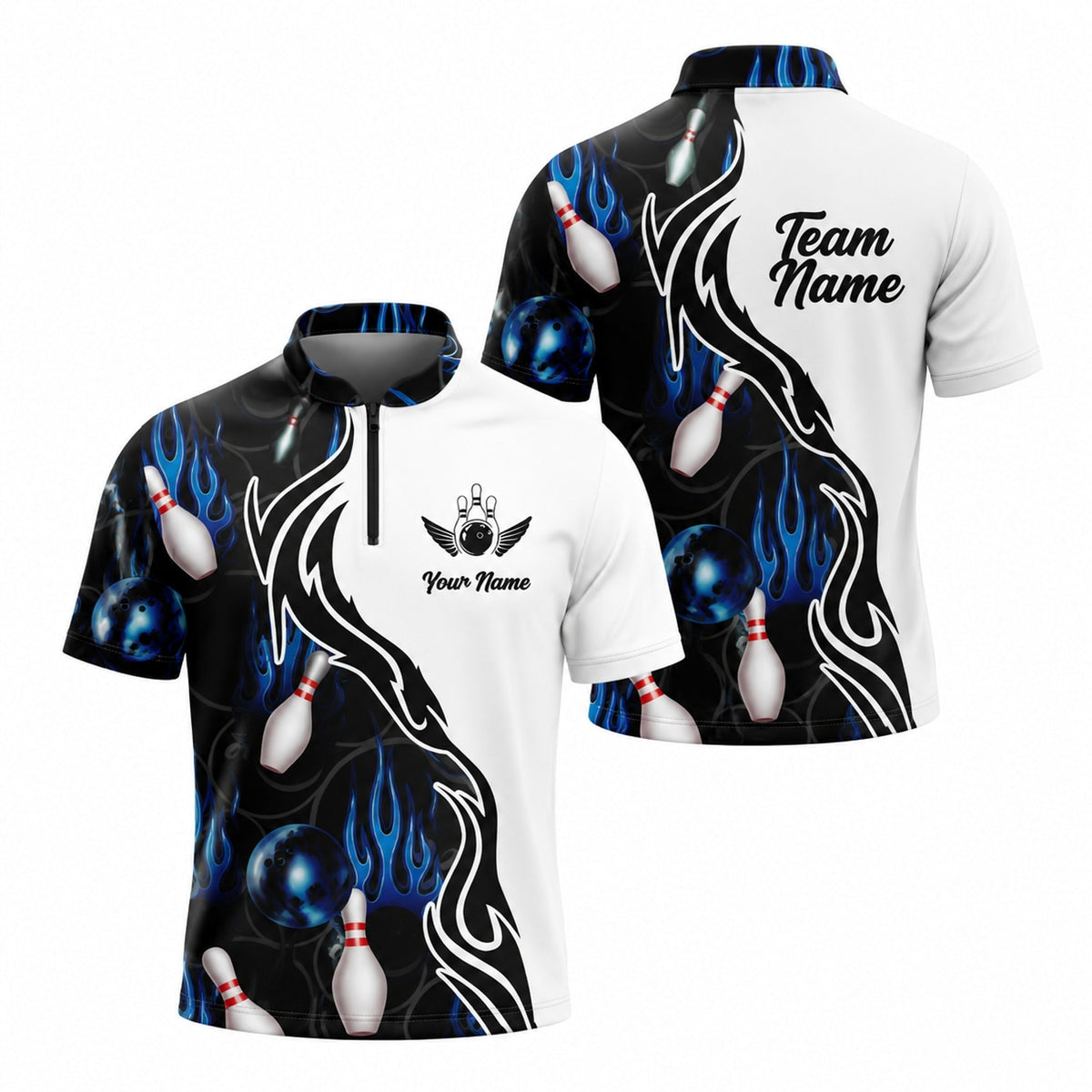 Bowling Ball Blue Flames Sport Custom Bowling Polo Shirt