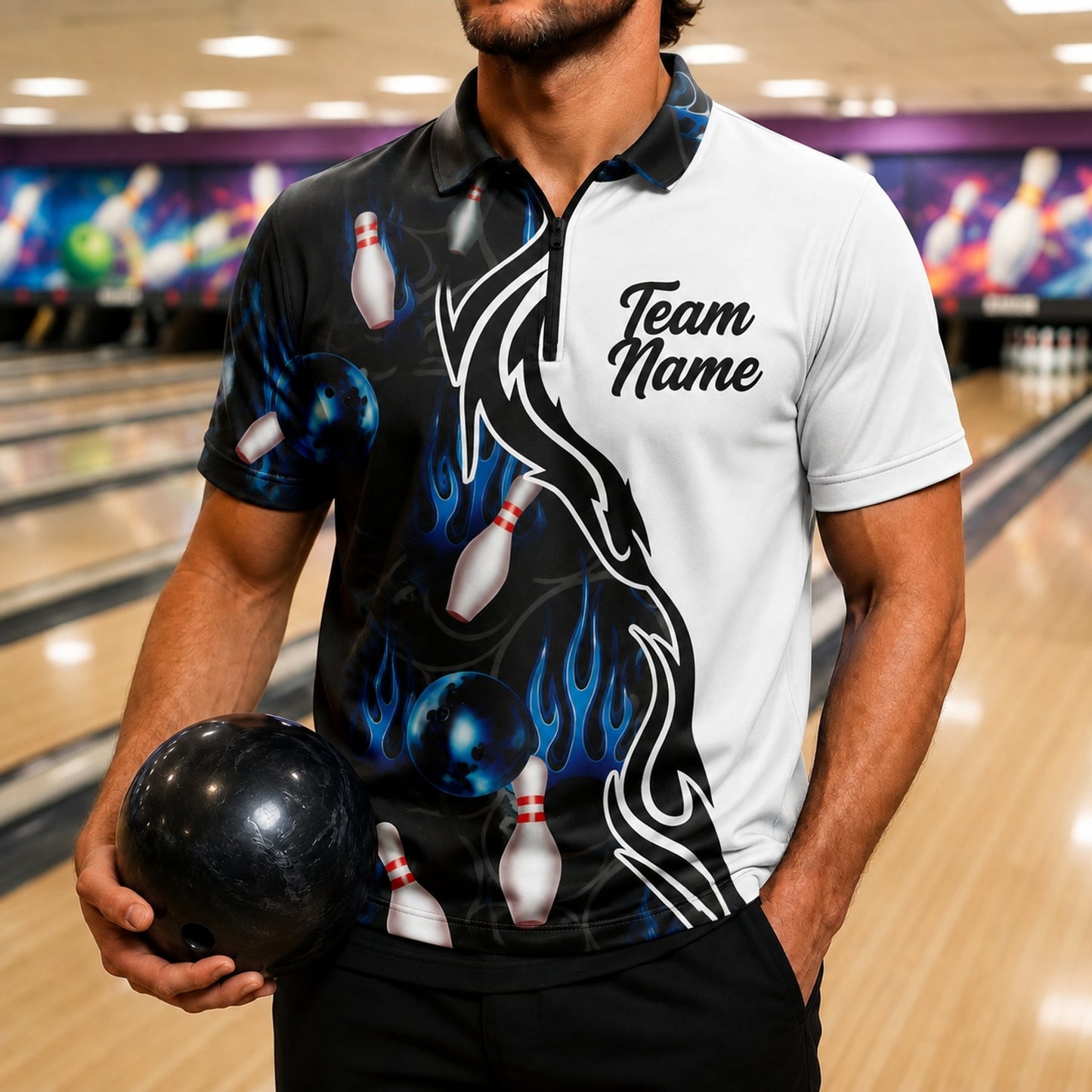 Bowling Ball Blue Flames Sport Custom Bowling Polo Shirt Front View