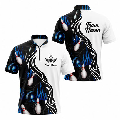 Bowling Ball Blue Flames Sport Custom Bowling Polo Shirt Jersey Zip 1 4 Collar