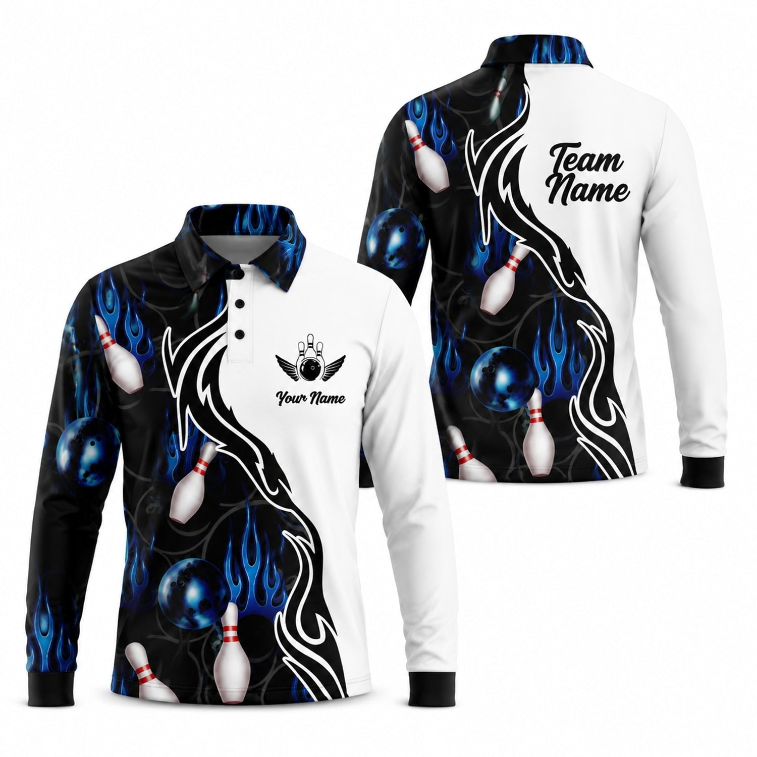 Bowling Ball Blue Flames Sport Custom Bowling Polo Shirt Long Sleeve Polo