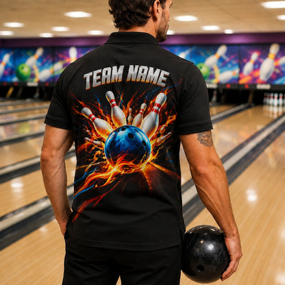 Bowling Ball Flame Strike Personalized Bowling Polo Shirt Back View