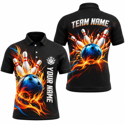 Bowling Ball Flame Strike Personalized Bowling Polo Shirt