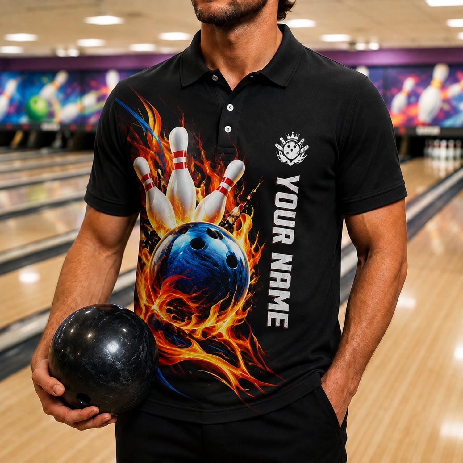 Bowling Ball Flame Strike Personalized Bowling Polo Shirt Front View
